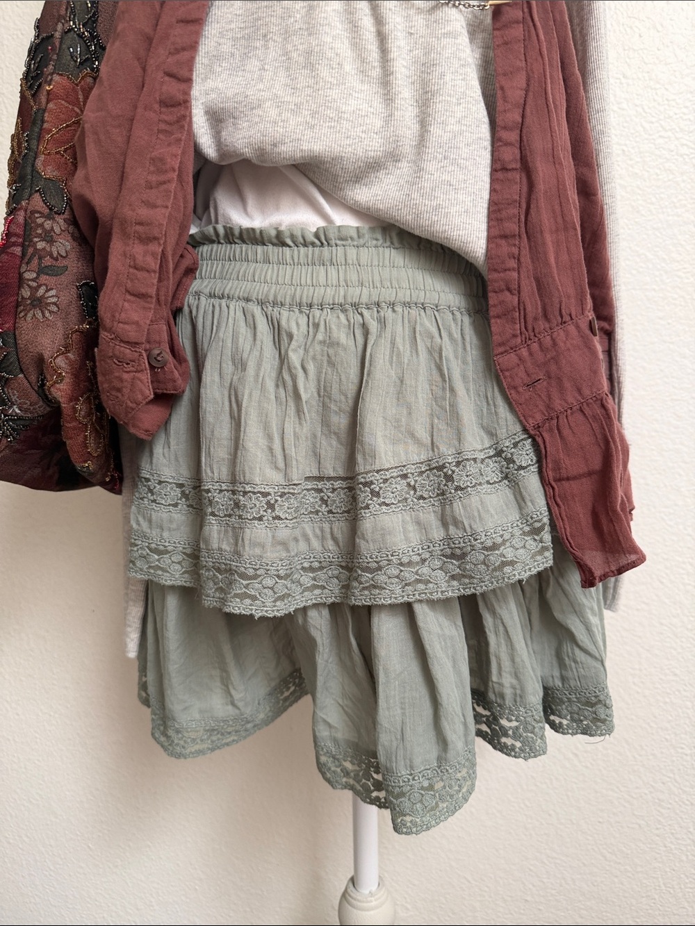 American Eagle Light Sage Tiered Lace Shorts